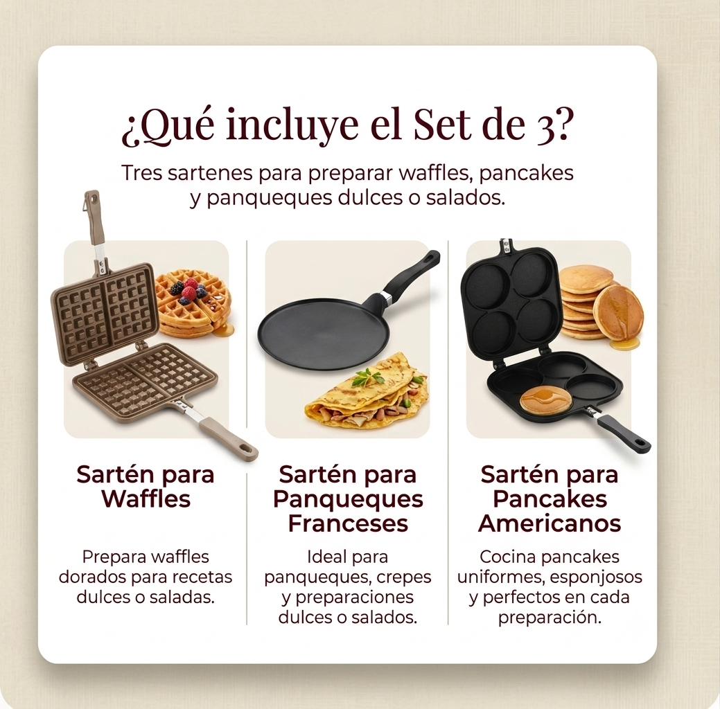 Set 3 Sartenes La Soluzione – Panqueques Franceses, Waffles Belgas y Pancakes Americanos